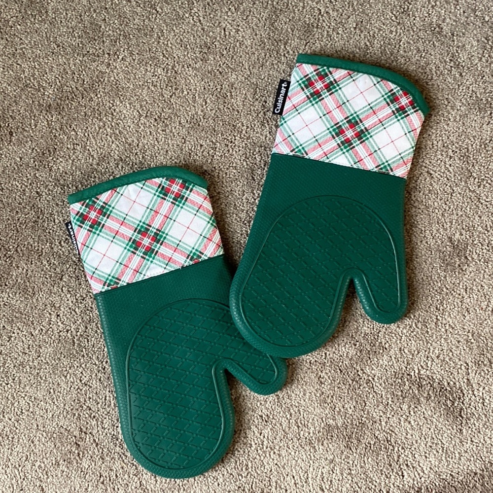 Cuisinart Green Silicone Oven Mitts Pair Plaid Cuff Heat Resistant